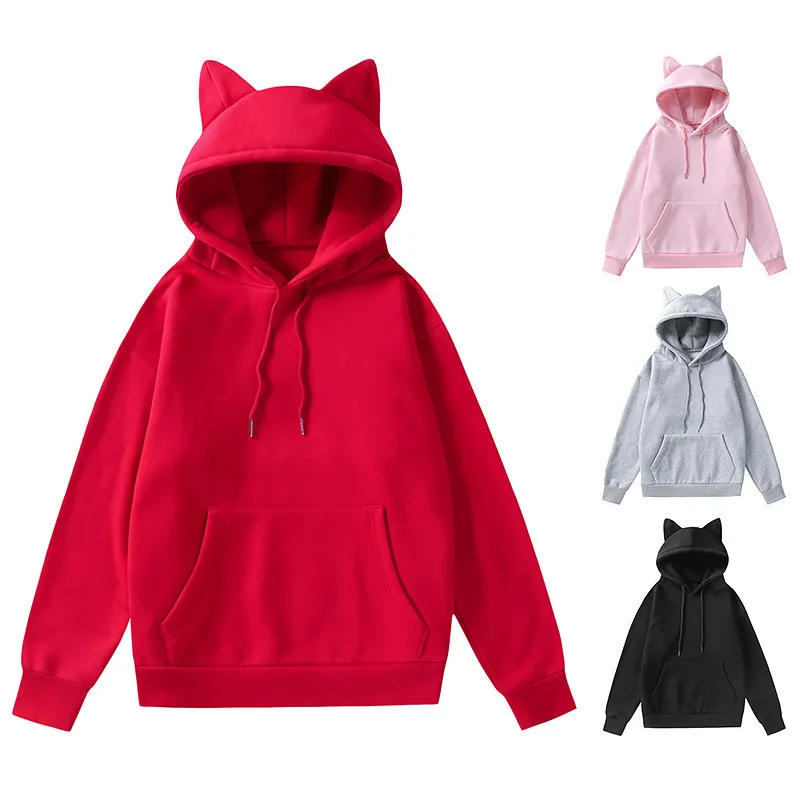 Women's Cute Cat Ear Hoodie Sweatshirt Solid Color Long Sleeve Pullover with Kangaroo Pocket Casual Loose Fit Hooded Top