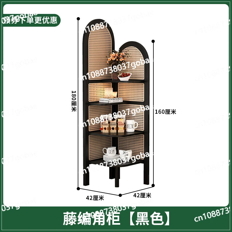 ZC Solid Wood Rattan Corner Cabinet Floor Shelf Living Room Bookshelf Balcony Flower Stand Triangle Cabinet