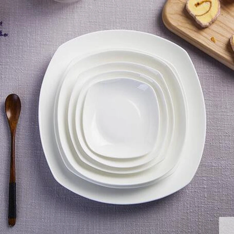 

Square Jingdezhen household deep dish soup bone plate Western-style food steak pure white tableware