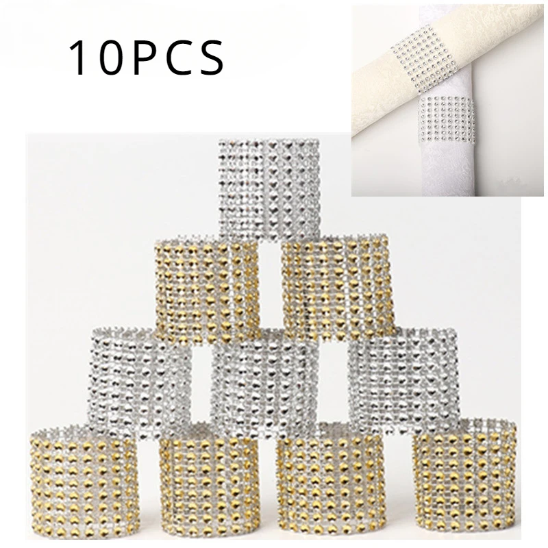 10pcs Gold Silver Napkin Ring Chairs Buckles Wedding Event Decoration Crafts Rhinestone Bows Holder Handmade Party Supplies