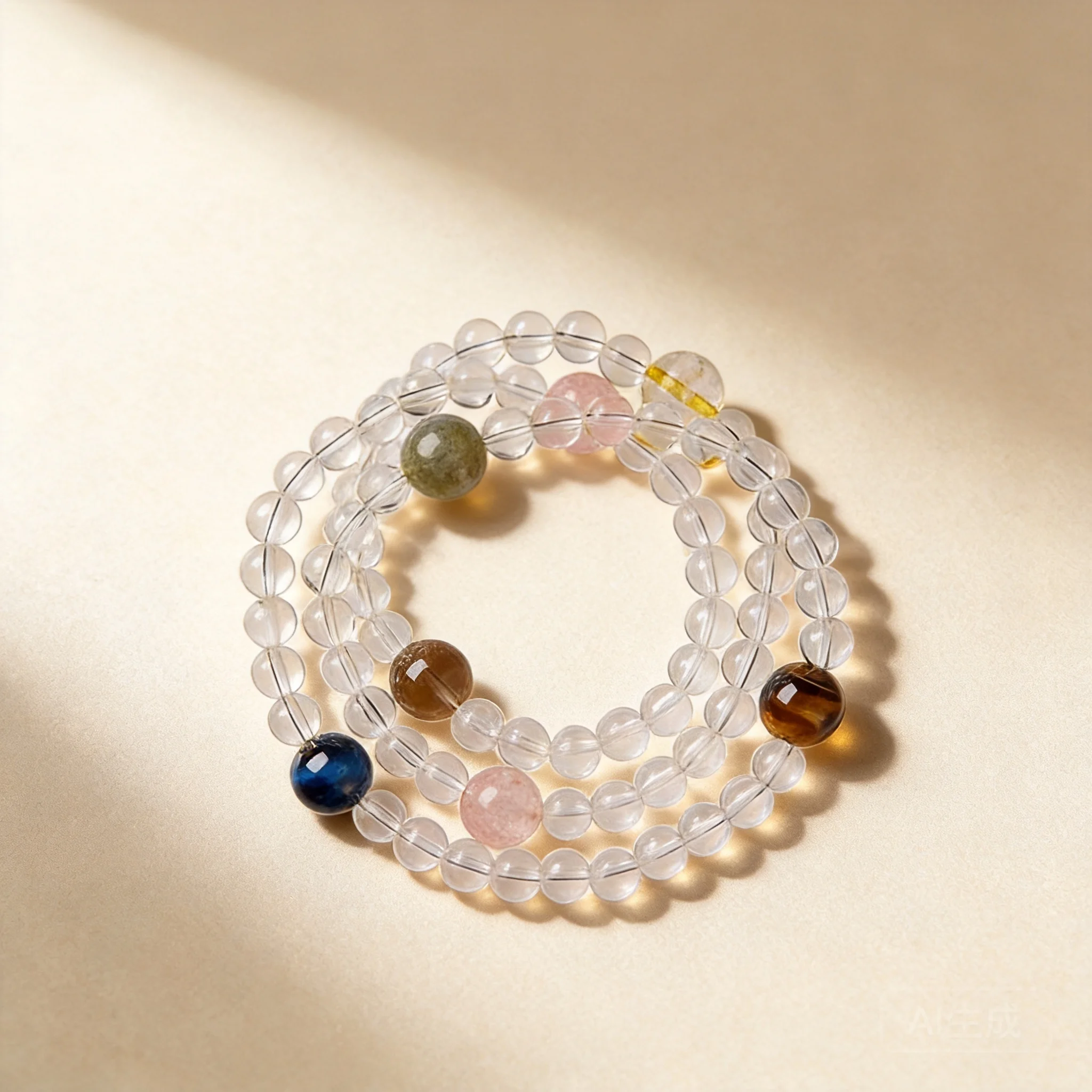 Chinese Style Lucky Blessing Three Layer Wrap Bracelet For Women Natural Clear Quartz Tiger Eye Smoky Quartz Rose Quartz Multi