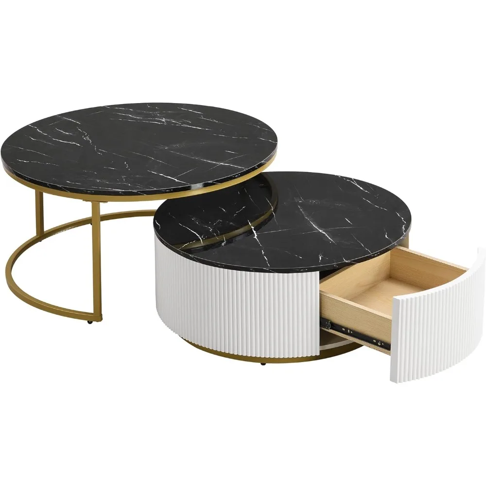 27.6 Mesa de centro redonda moderna canelada com gaveta para casa e sala de estar, preta e dourada