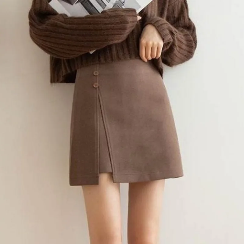 

Mini Skirts Women Autumn Winter Fashion A-line Faldas Chic Elegant Office-look Basic Retro Empire Harajuku Ladies Ins Side-slit