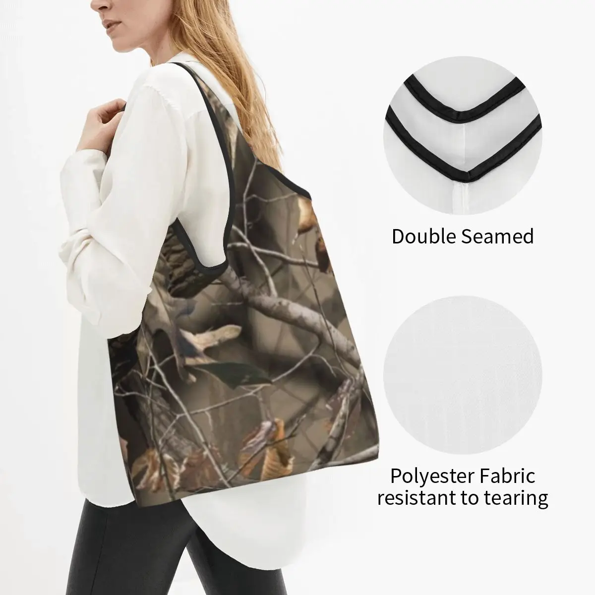 Real Tree Camouflage Portable Tote Shopping Bags Foldable Shopper Bag Groceries Handbag Shoulder Bag