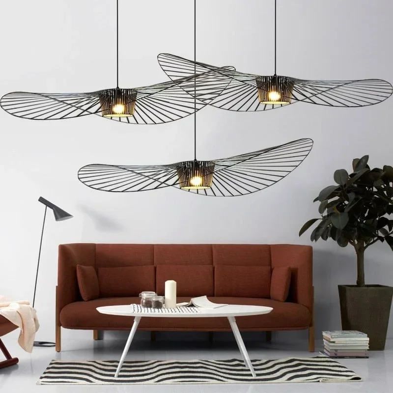 Vintage Hat Pendant Lamp Black Rattan Led Suspension Luminaire Kitchen Hanging Light Living Room Home Decor Ceiling Chandelier