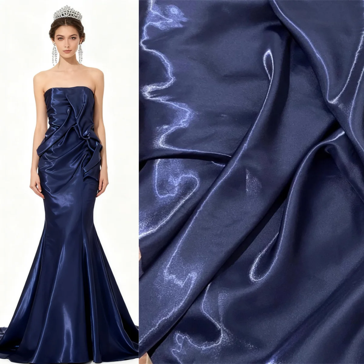 Navy blue shiny liquid satin fabric metal crystal silk DIY sewing women's clothing set clothing curtains home textiles fabric