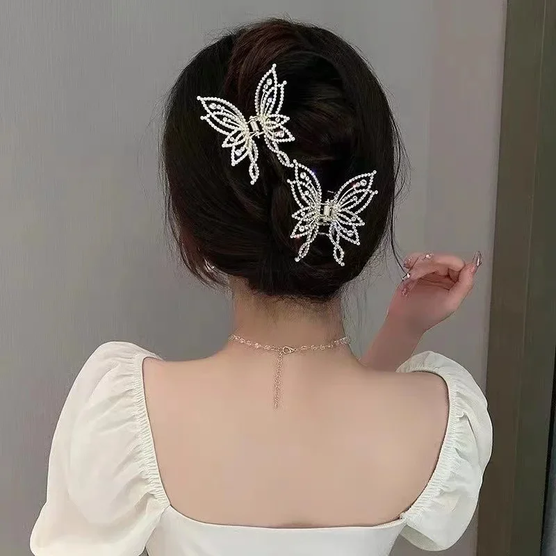 Multi-Anel Pérola Borboleta Clipe Diamante Disco Hairpin, Luxo Cabelo Acessórios, Temperamento Explosivo, Banquete Presente, Nova Moda, 2024