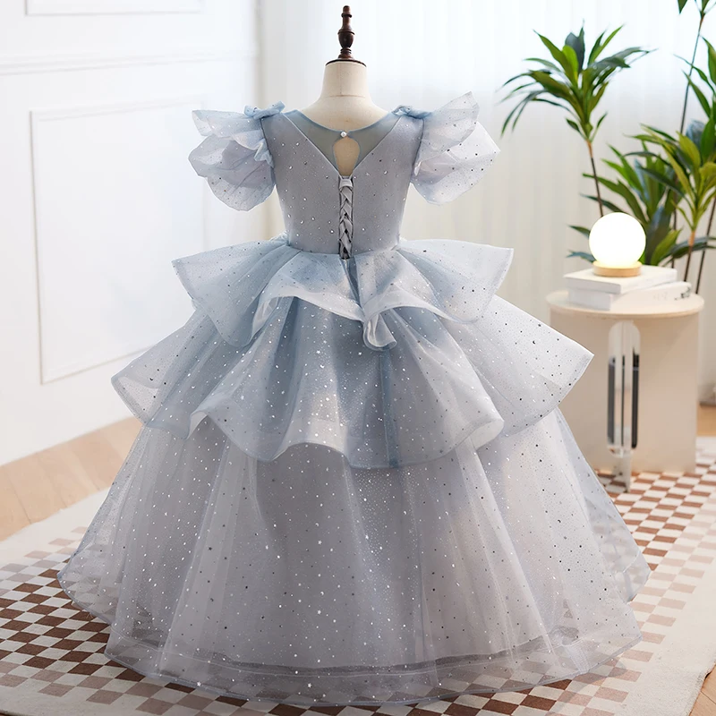 Tule azul princesa vestido em camadas menina crianças puff manga o-pescoço floor-length chiffon vestidos de lantejoulas brilhantes rendas beading vestido de baile