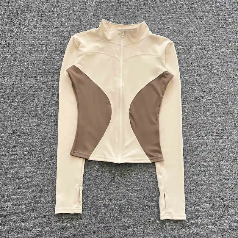 

Спортивная женская куртка, сетчатая красная эластичная куртка на молнии, тренировочные колготки, топы для фитнеса, воротник-стойка, одежда для йоги, длинные рукава,