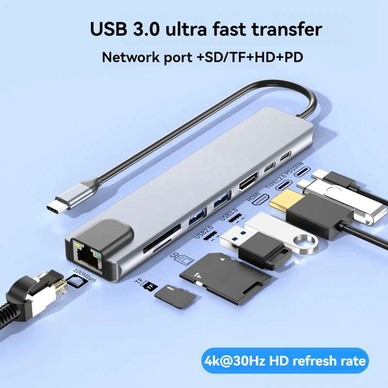 USB-C Hub With Ethernet, 4K HD, USB 3.0, SD Card Reader, 87W PD Charging High-Speed Data Transfer For Windows,Macos