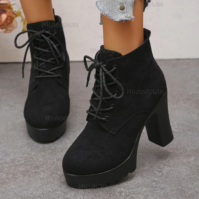 Botines negros de tacón alto con cordones de talla grande 35-42 Botas de moda de gamuza de tacón grueso Para Mujer Botas Mujer Botines Para Mujeres