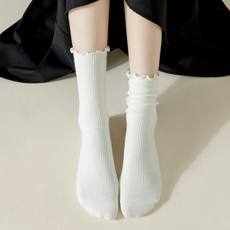 3 paia di calzini da donna con volant in cotone calze solide tubo centrale calzini invernali carini nero bianco stile coreano Kawaii