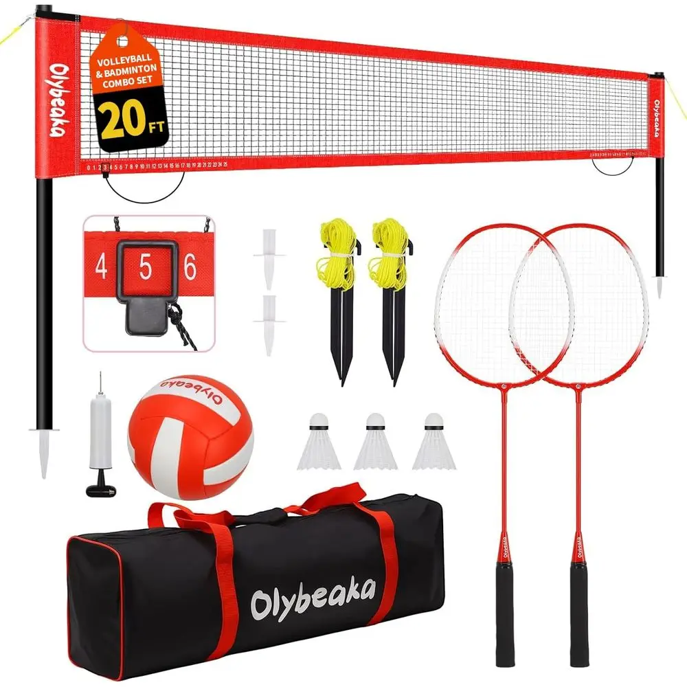 

Outdoor Volleyball and Badminton Combo Net Set with Adjustable Poles, Durable Anti-Sag Net, PU Volleyball, 2 Rackets
