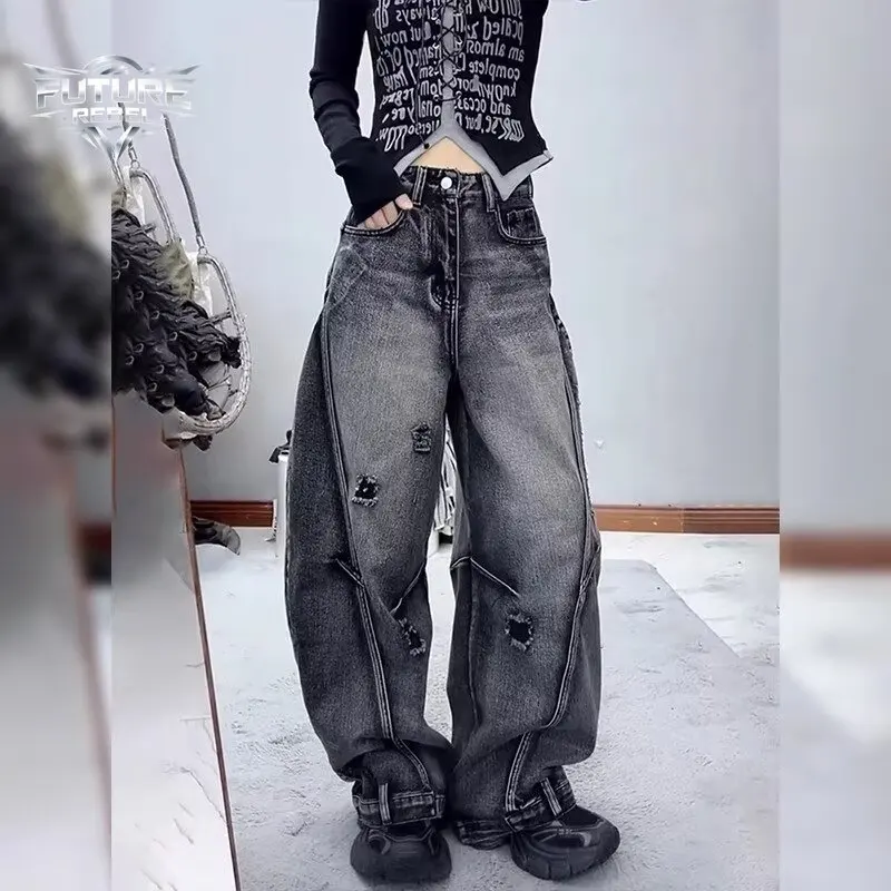

Y2K High Street Distressed Ripped Curved Leg Denim Jeans Unisex Baggy Hip Hop Streetwear Hiphop Wide Gothic Trousers Harajuku