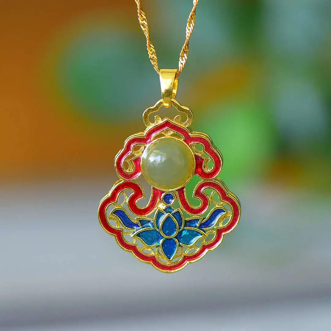 Tembaga bertatahkan dengan giok Hetian alami bunga menyenangkan🌸Kalung wanita liontin warna Enamel hadiah perhiasan