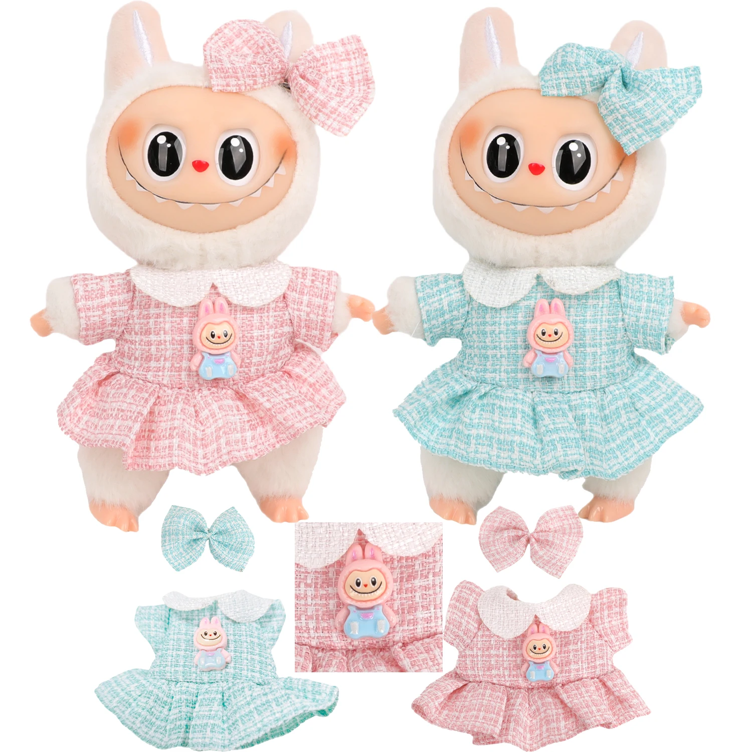 

Doll Clothes For 17cm Labubu Dolls Plaid Skirt + Bowknot Hair Clip Suit Outfit For V1 V2 Labubu Doll Cotton Toy Accessories Gift