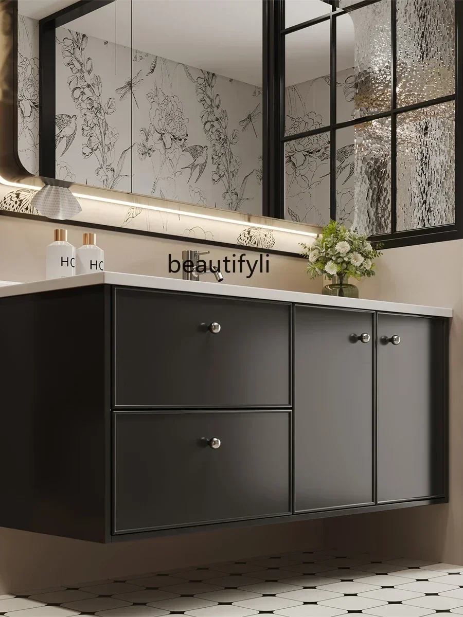 Armoire de salle de bain française intelligente, lavabo noir, meuble de salle de bain, lavabo en chêne, combinaison d'armoire de lavabo