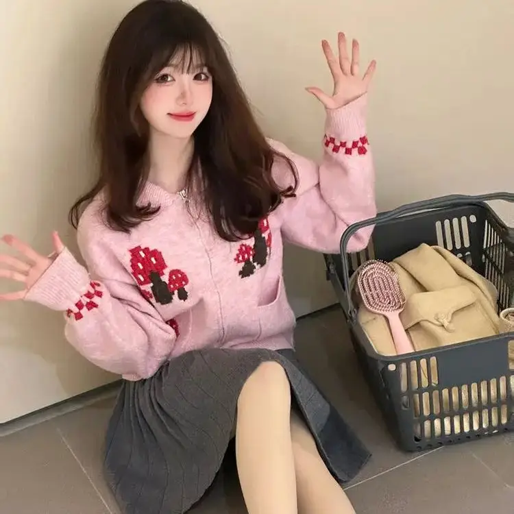 

Pink Knitted Sweater Cardigan Lazy Wind Sweet Beauty 2024 Autumn Winter New Mushroom Jacquard Shirt Jacket Zipper Top