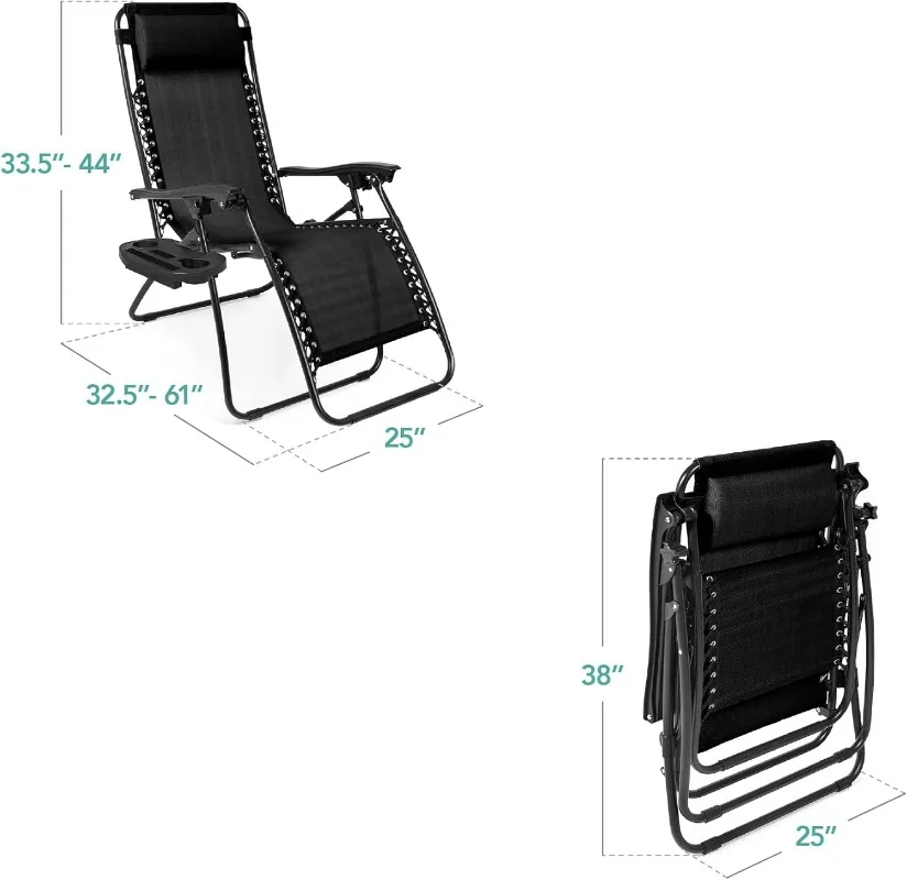 

Set of 2 Adjustable Steel Mesh Zero Gravity Lounge Chair Recliners w/Pillows and Cup Holder Trays - Black