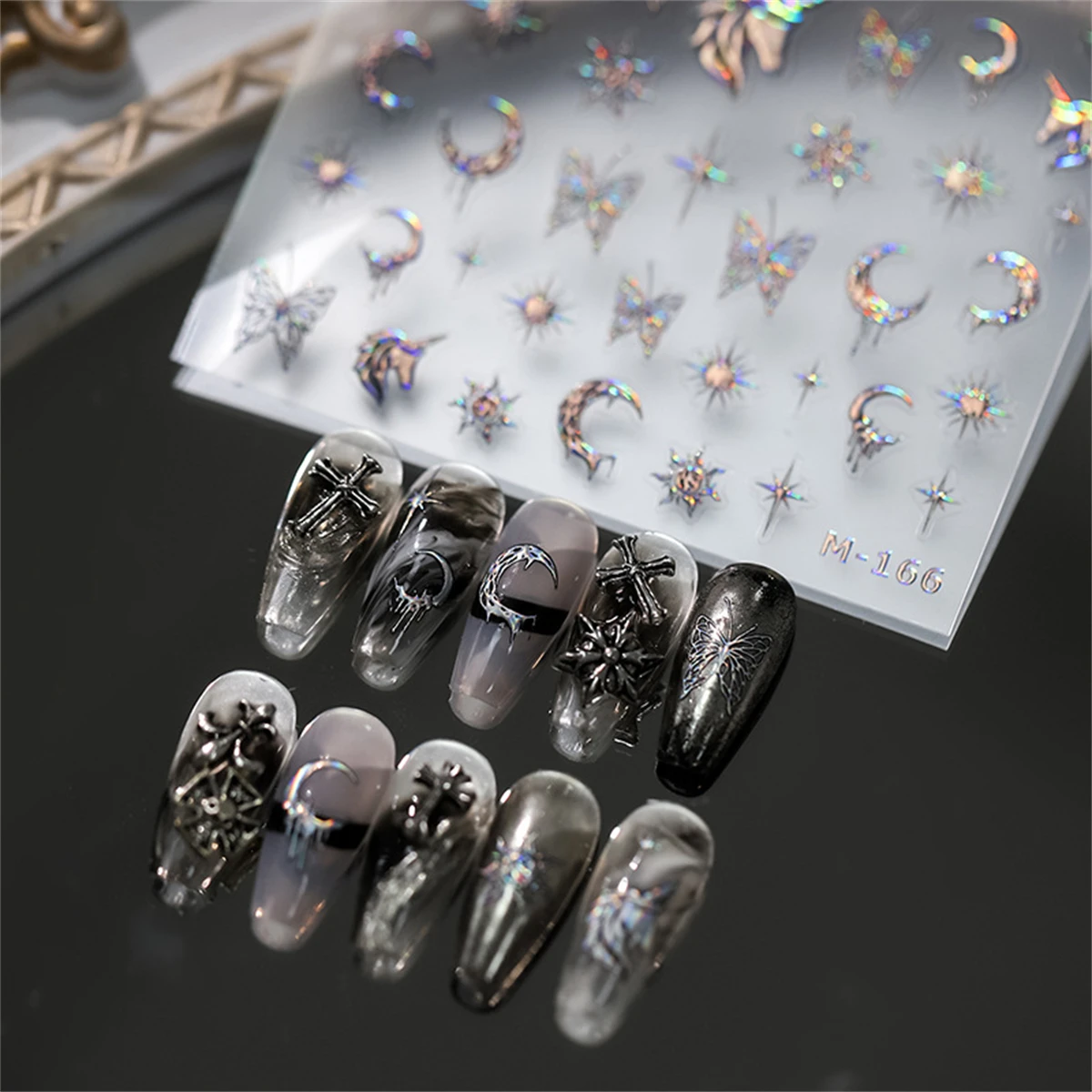 1pcs 5D Bronzing Laser Silver Nail Stickers Women Unicorn Sun Butterfly Moon Adhesive Girl Nails Decorations Slider Decals DIY