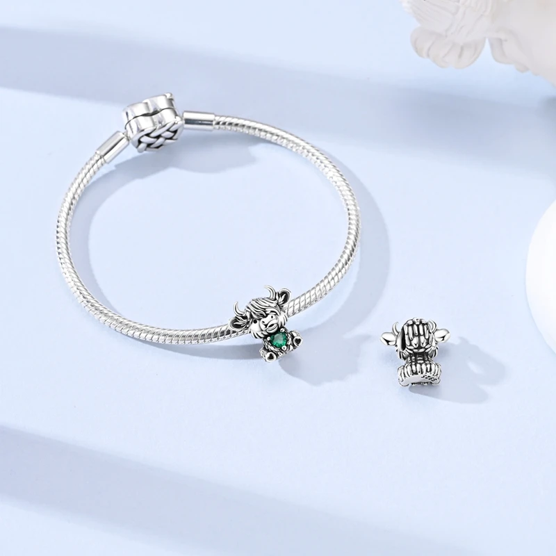 925 Sterling Silber Charms Perle CZ Zirkon Highland Kuh Herz Anhänger Passend für Original Armband DIY Damen Schmuck Geschenk – Detail 3