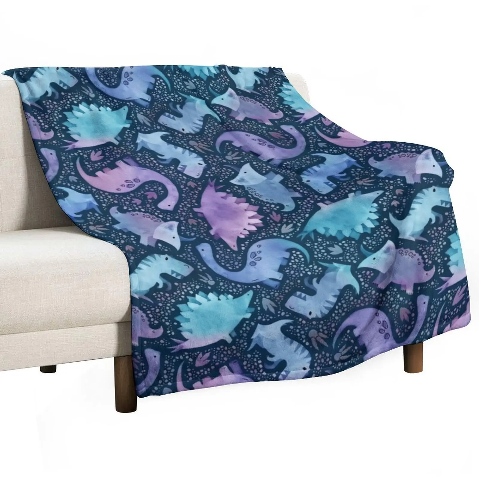 

Watercolor dinosaur purple and blue on navy Throw Blanket Luxurious Soft Fuzzy Blanket for Sofa Bed