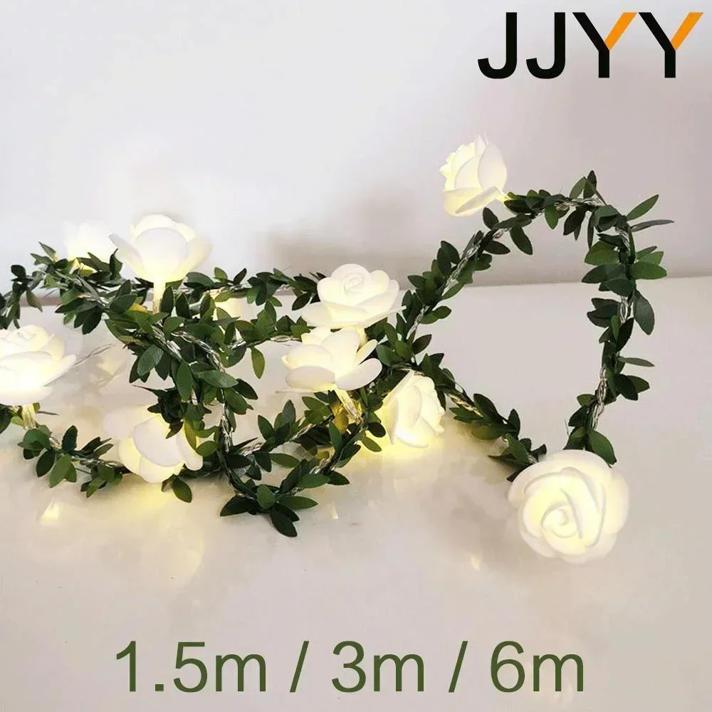 Linterna navideña con rosas, luces LED de 1,5 M, 3M, 6M, iluminación de cuento de hadas de vid de hoja verde para decoración de fiesta familiar
