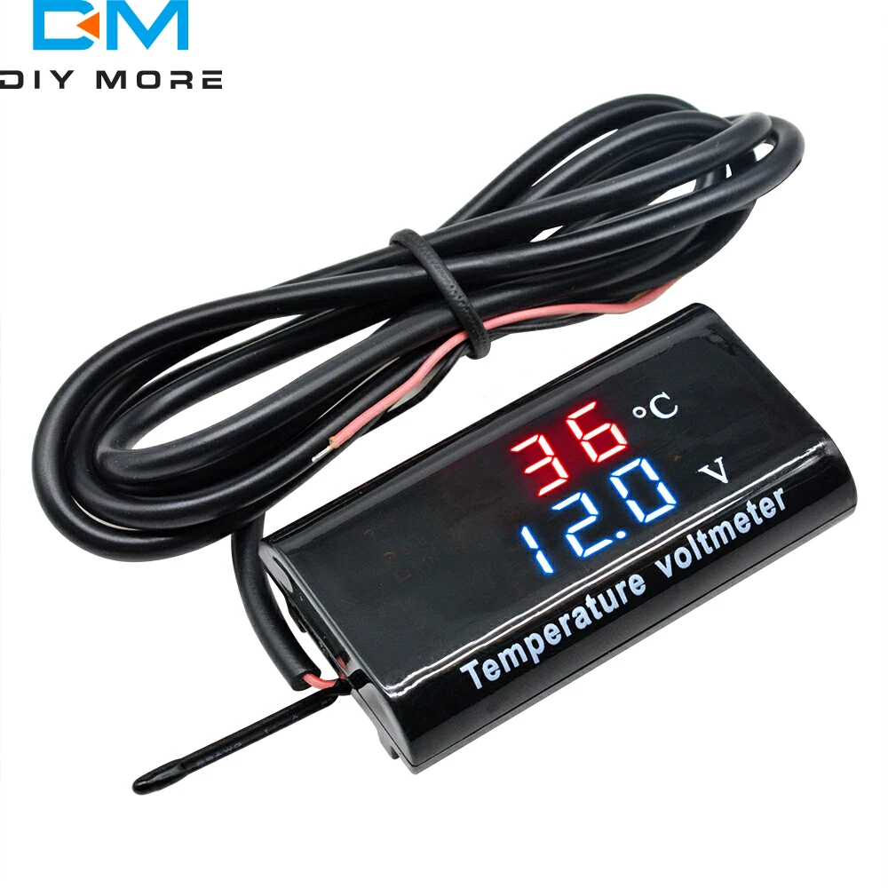 DC 12V 0.28 inch Dual Display LED Digital Temperature Sensor Voltmeter Thermometer Voltage Meter Tester with 100cm Cable