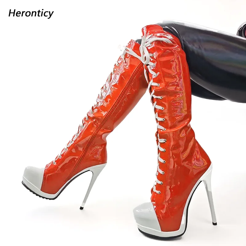 

Heronticy Handmade Women Winter Knee Boots Stiletto Heels Round Toe Gorgeous Red Purple Party Shoes Ladies US Plus Size 35-52