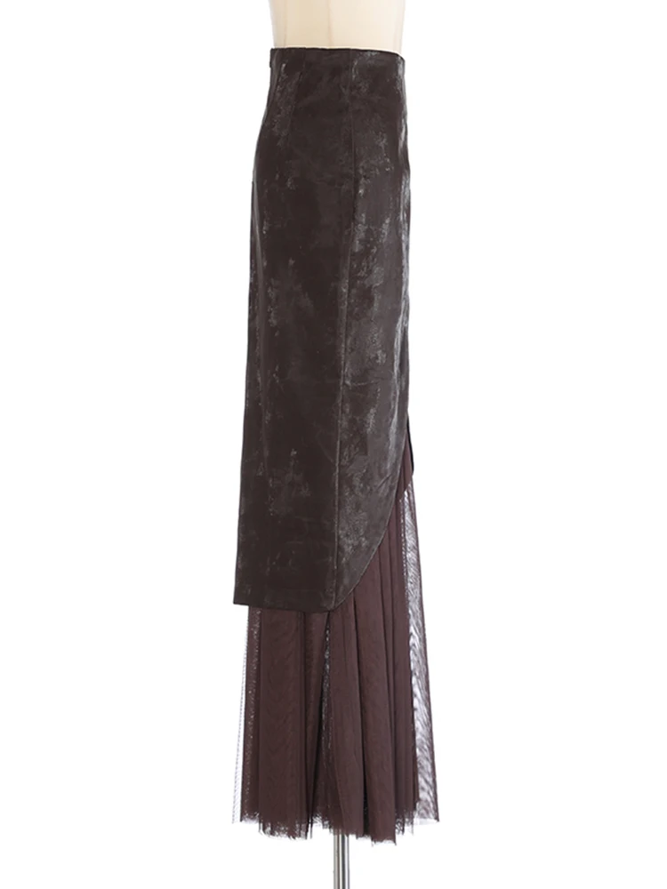 [EAM] High Waist Brown Suede Mesh Irregular Perspective Elegant Half-body Skirt Women Fashion New Spring Autumn 2024 1DH1756