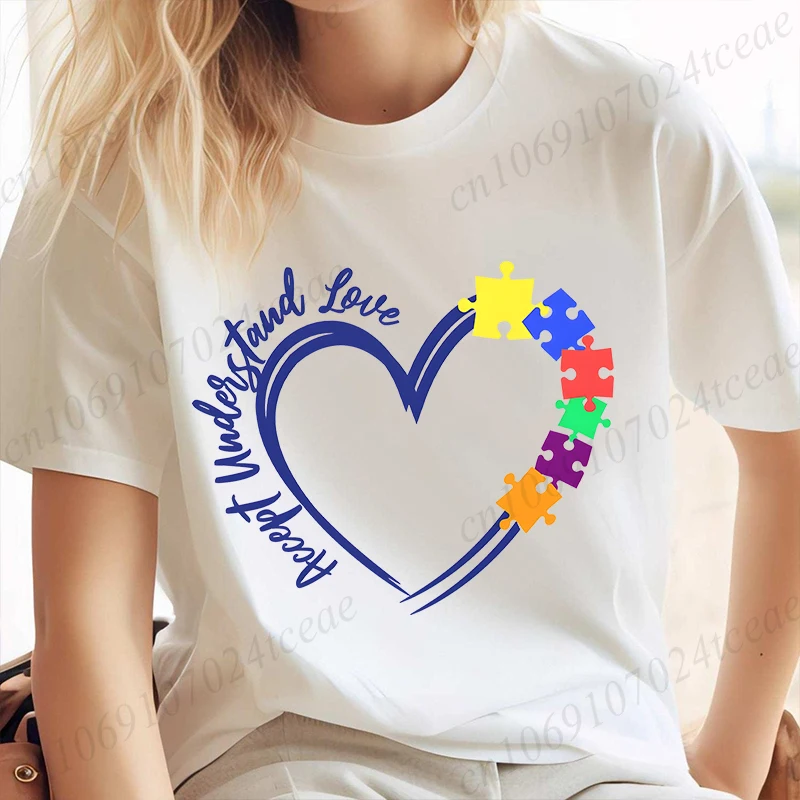 Accept Understand Love Women T-shirts Heart Autism Female Clothing Teacher Tees Shirts Autism Awareness Tops Autism Puzzle Tops