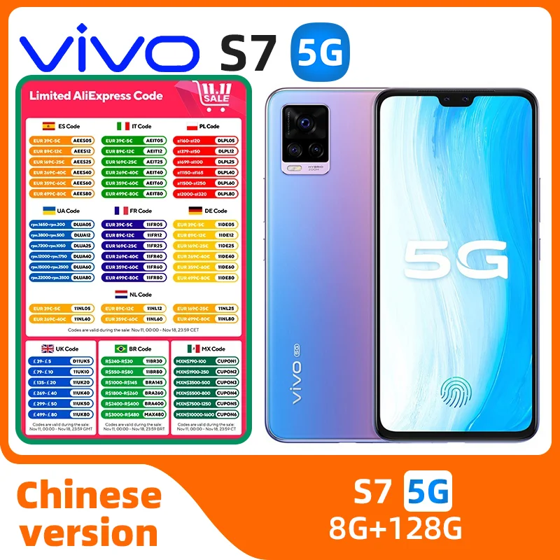 Vivo S7 5G Smart Phone Screen Fingerprint Face ID 64.0MP Snapdragon 765G 4000mAh 33W Super Charger 6.44