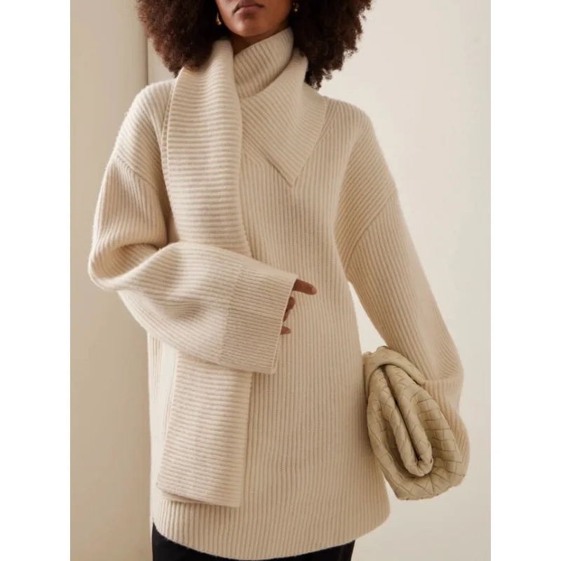 LUXURY Scarf Collar Sweater Women's Long Sleeved Wool Knitted Sweater Top Loose Ribbed 2024 Autumn and Winter Nordic Niche