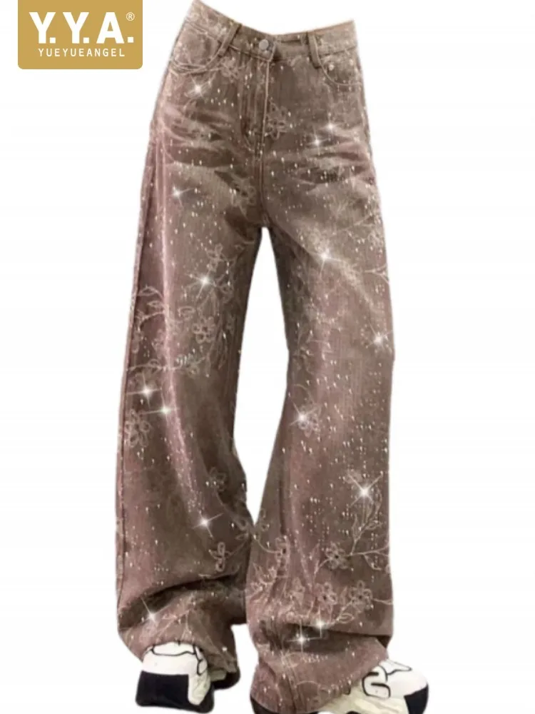 

Leisure Ladies High Waist Wide Leg Denim Pants Female Pockets Top Quality Trousers Loose Button Crystal Women Straight Jeans