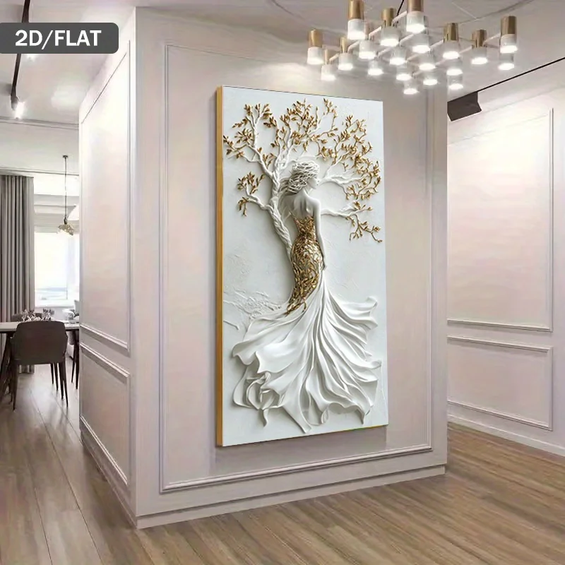 

2D Flat Modern Abstract White & Golden Artistic Woman Canvas Wall Art Frameless Canvas Artworks for Living Room & Bedroom Decor