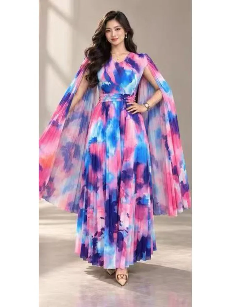 2026 Africa New Miyake Fashion Gradual Change Color Matching Pleated Printing V Neck Dress Loose Women's Clothing
