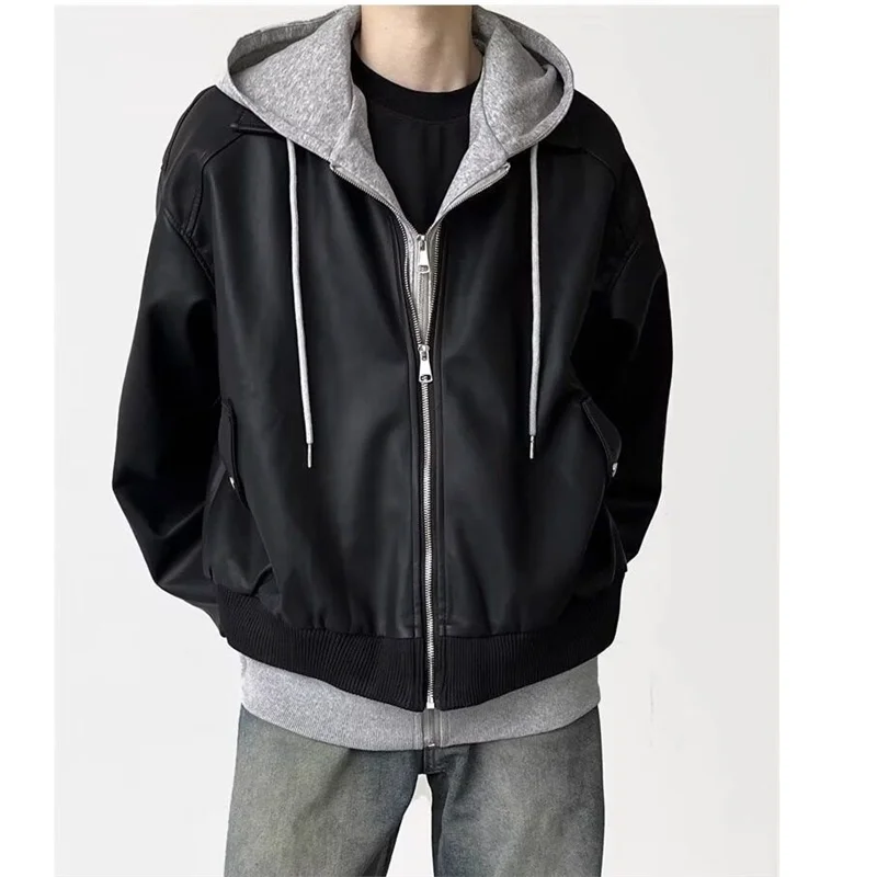 

Men's American Retro Biker Leather Jaet Coat Design Sense Fake Two-Piece Spring Autumn Hooded PU Leather Vest Windproof