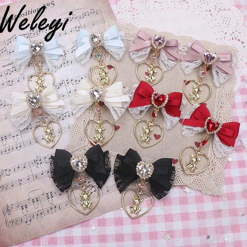 Japanese South Korea Sweet Hair Accessories Woman Handmade Cute Lace Bear Love Pendant Bow Small Pair Clips Hairpin Edge Clip