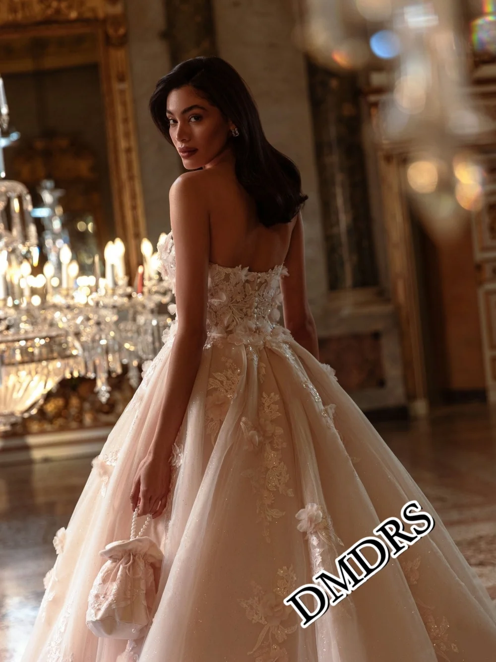 DMDRS Dolce 3D Abito da sposa floreale Romantico Abiti da sposa in rilievo Affascinante Appliqued Abiti da sposa lunghi fino al pavimento Abiti da sposa