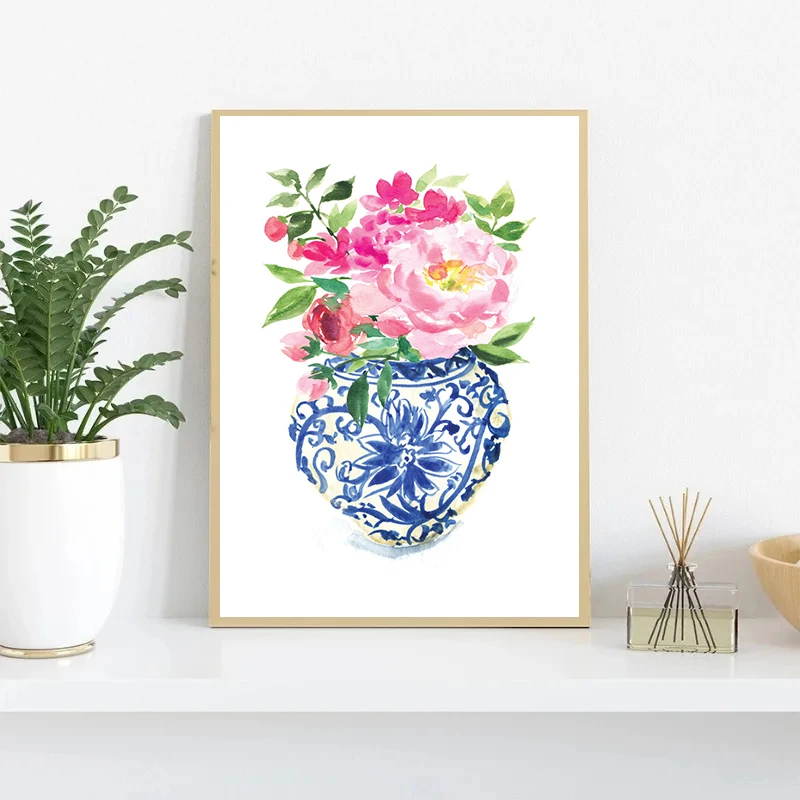 Blue and White Ginger Jar Peony Hydrangea Flower Posters Prints Canvas Painting Chinoiserie Wall Art Picture for Room Home 
