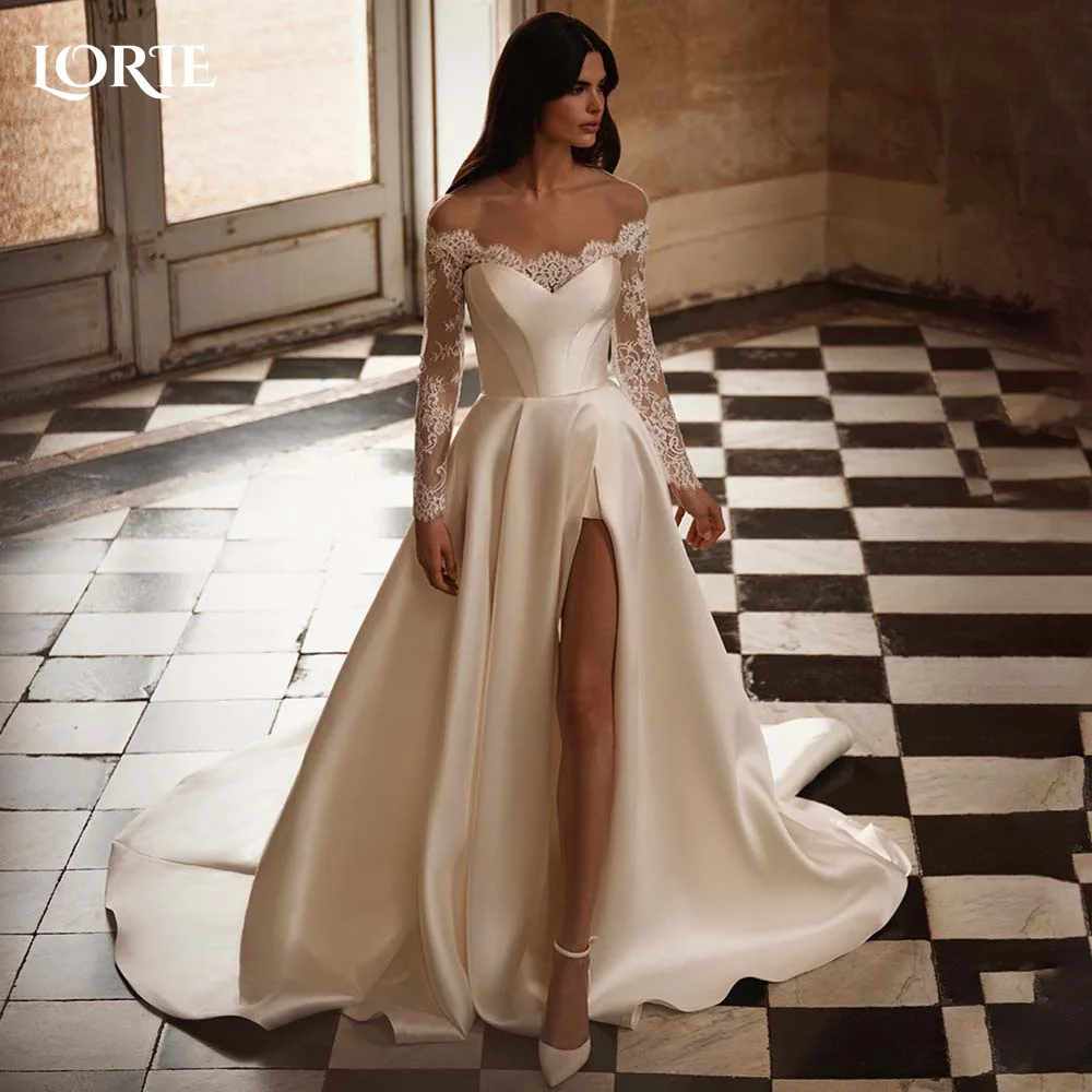 

LORIE Vintage Off Shoulder Wedding Dresses A-line Backless Shiny Satin High Split Corset Bridal Gowns Lace Applique Bride Dress