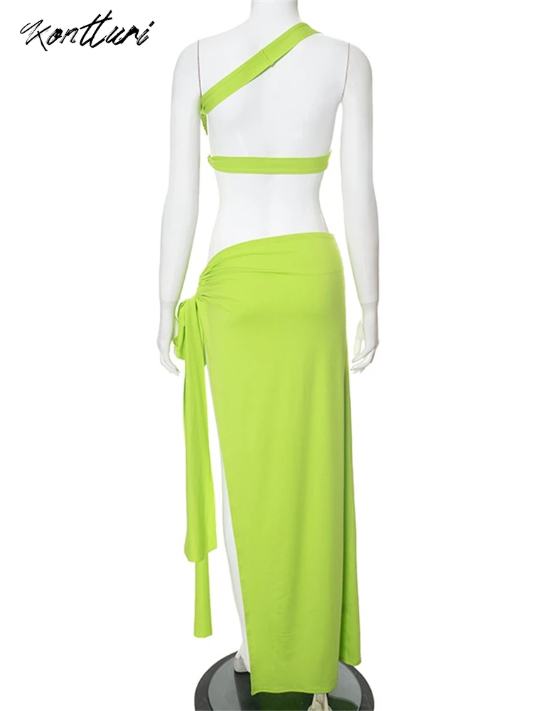 Kontturi Summer Hollow Out Two 2 Piece Sets Women Outfit Sleeveless Backless Crop Tops Cut Out Green Maxi Skirts Matching Sets