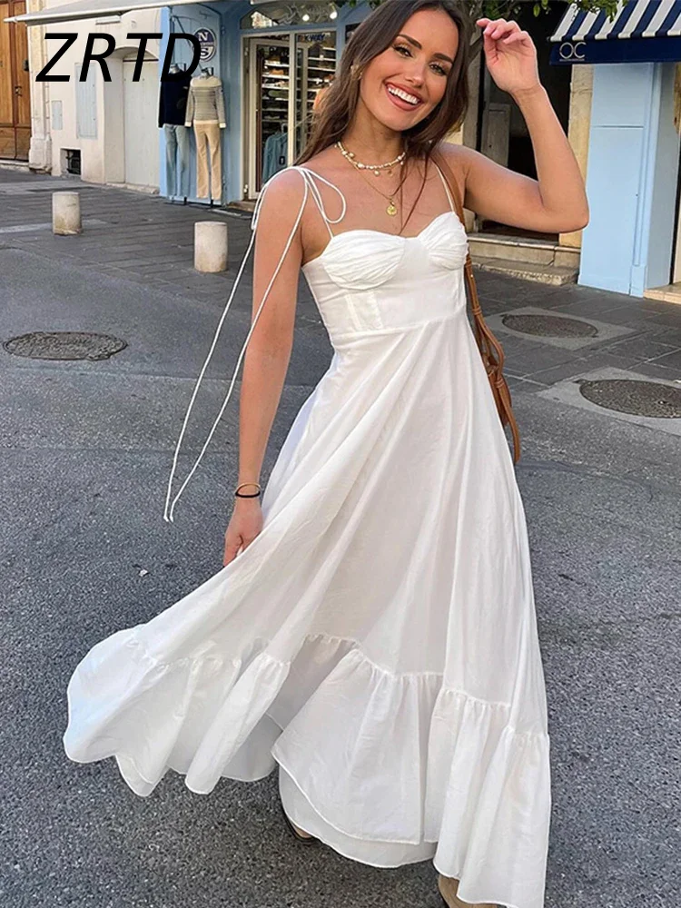 Elegant Lace Up Backless Long Dress Women High Waist Sleeveless Off Shoulder Ruffled Hem Dresses Female White Strap Holiday Robe