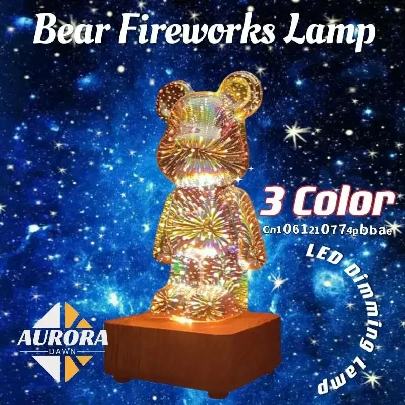 3D Fireworks Bear Night Light Desk Decoration USB Plug Led Table Lamp Korea Atmosphere Cute Colorful Home Decor Room Projection