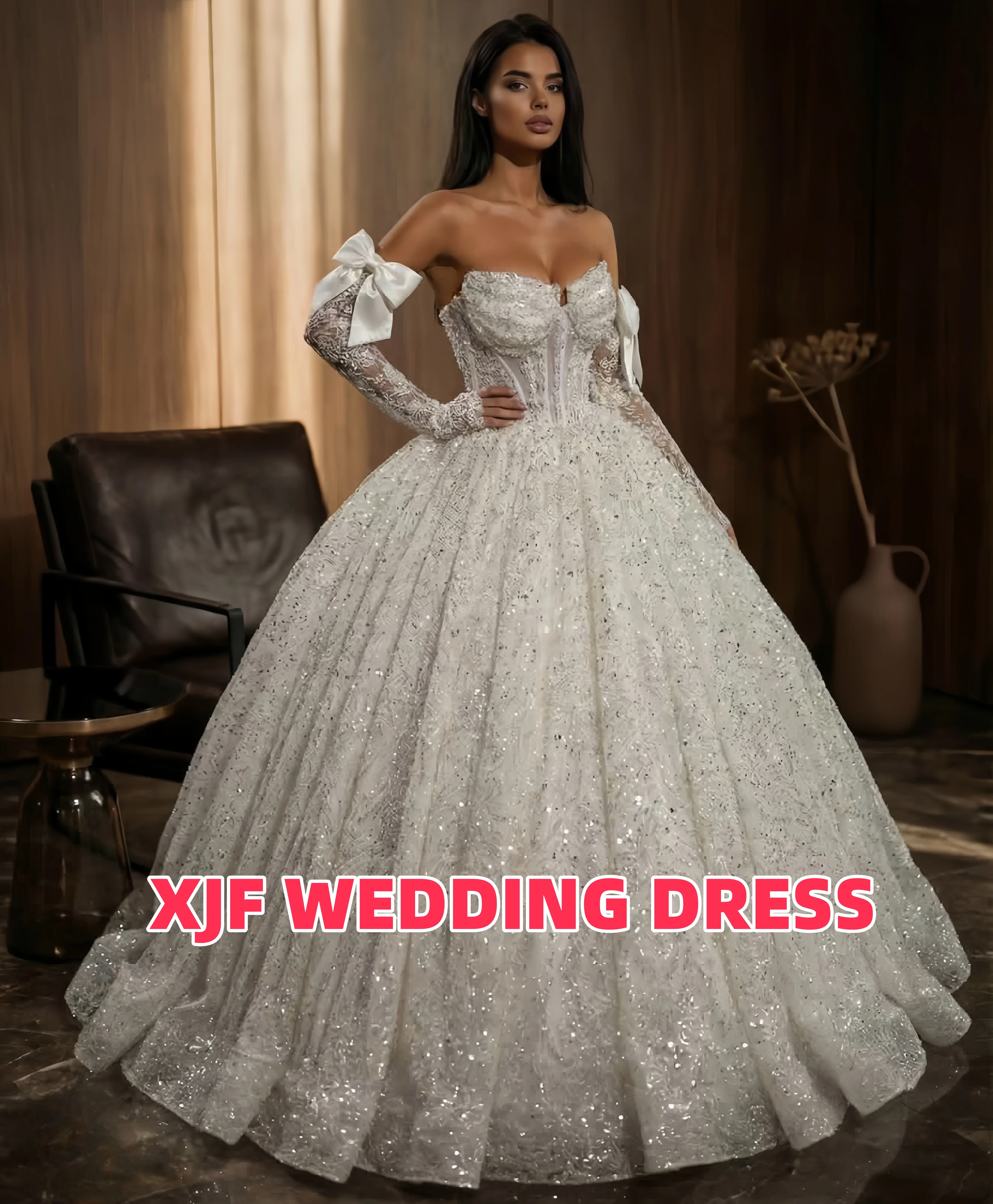 

Customized gorgeous wedding dress Sweetheart collar long-sleeved Ball Gown shiny robe de mariee wedding dress vestidos de novia