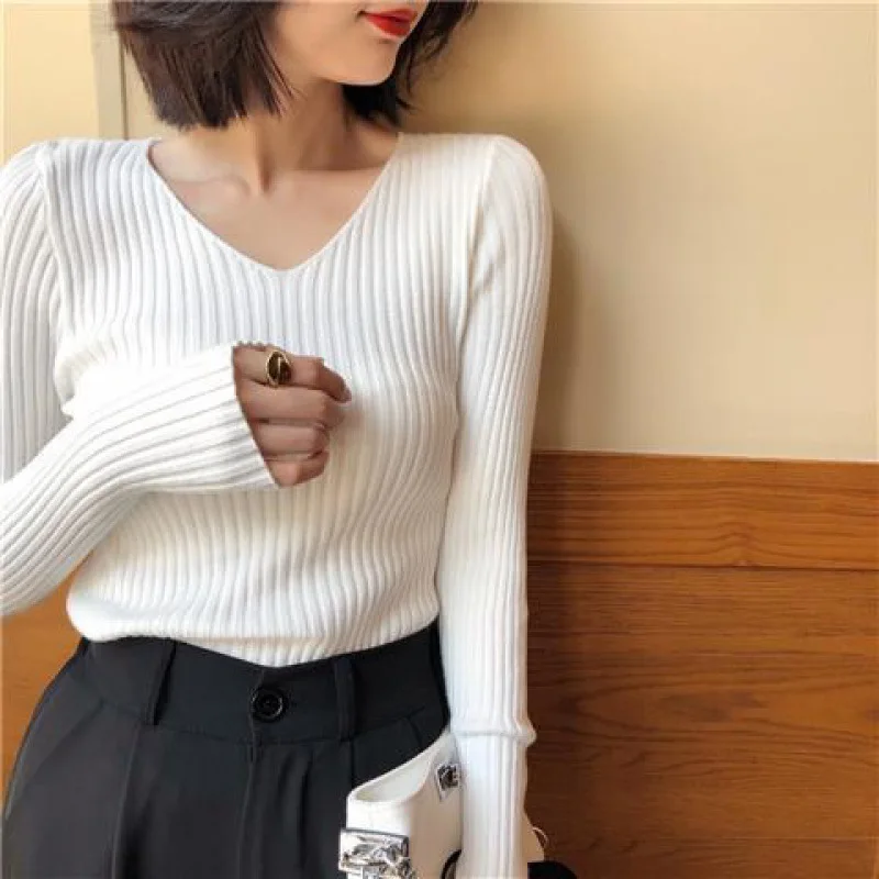 Autumn Fashion Female Long Sleeve V-neck Skinny Elastic Casual Sweater Women Knitted Shirts Pullover Top Women\'s Sweaters