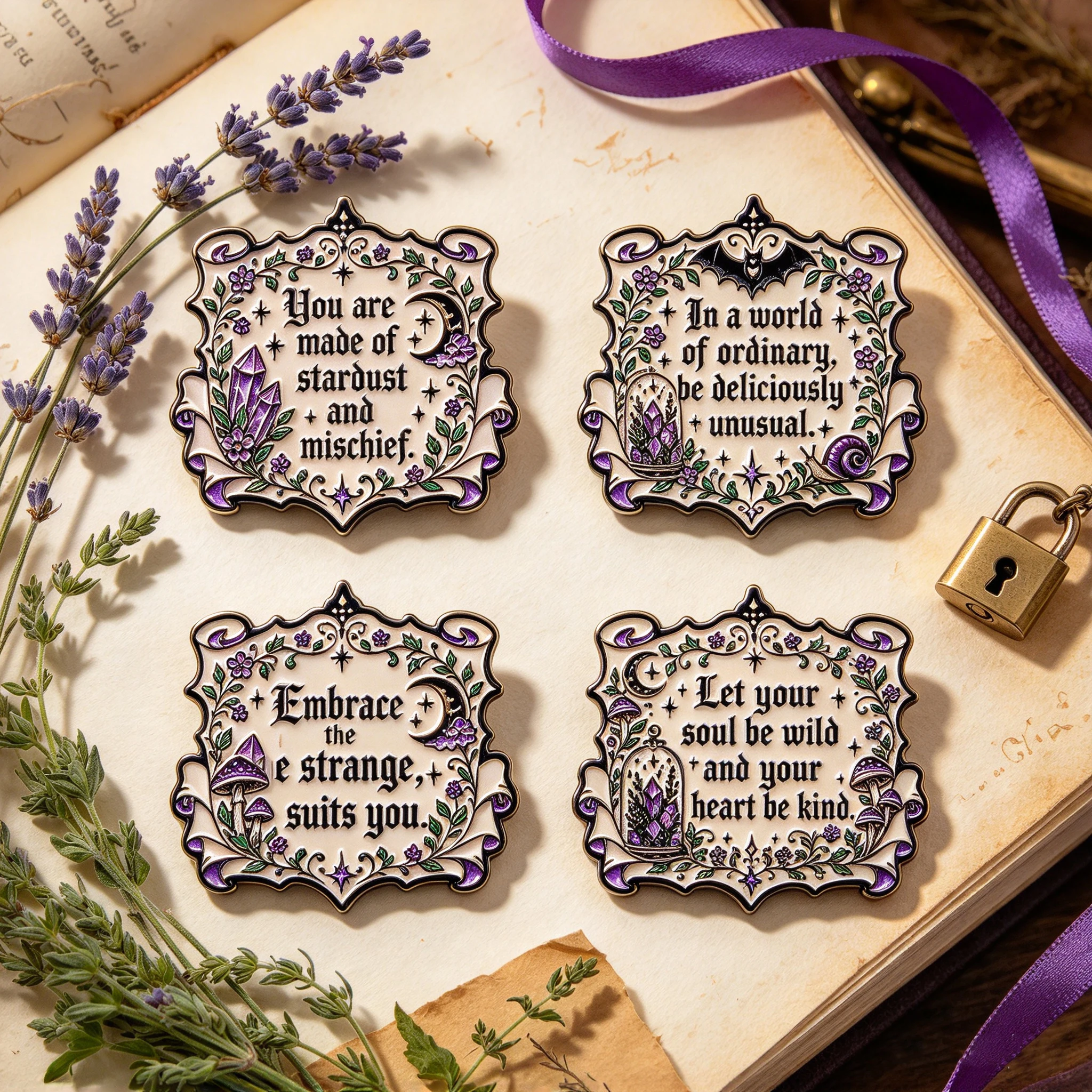 4pcs Gothic Quotes Enamel Pin Set Witch Text Bat Moth Brooches Woman Men Backpack Accessories Bags Badge Lapel Jewelry Gifts