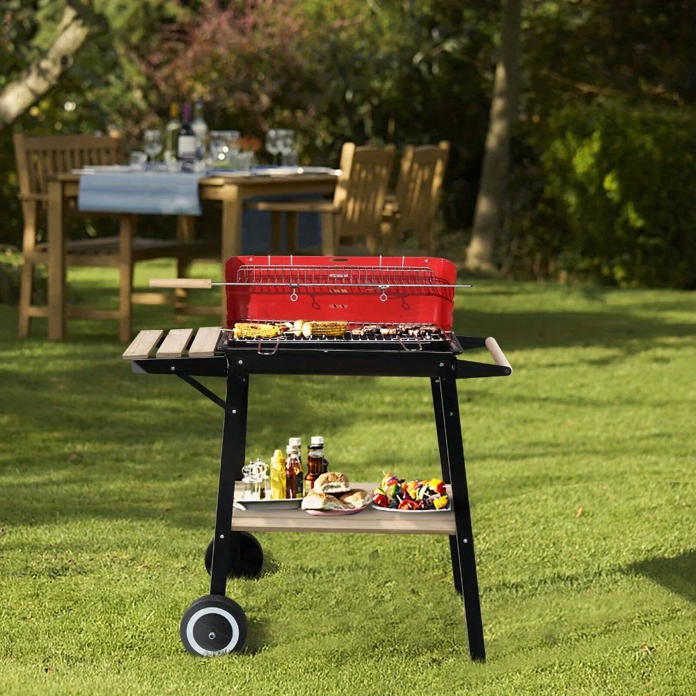 

Charcoal Grill with 2 Wheels & Wooden Shelf for Outdoor Patio Backyard Grilling