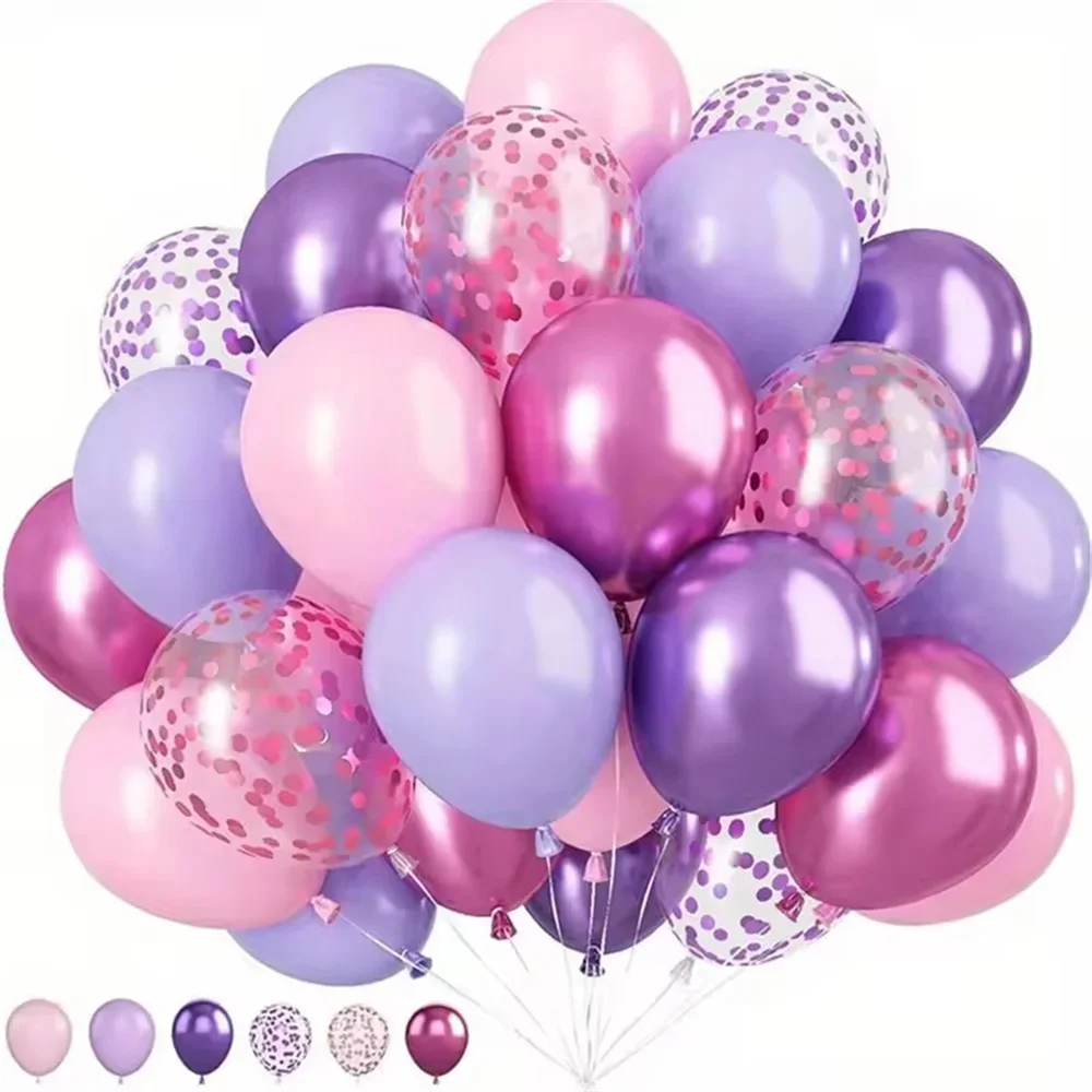 Juego de globos de látex de 50 Uds. De 10 pulgadas para bodas, cumpleaños, aniversario, macarrón, decoración de globos de Metal y confeti rosa y morado