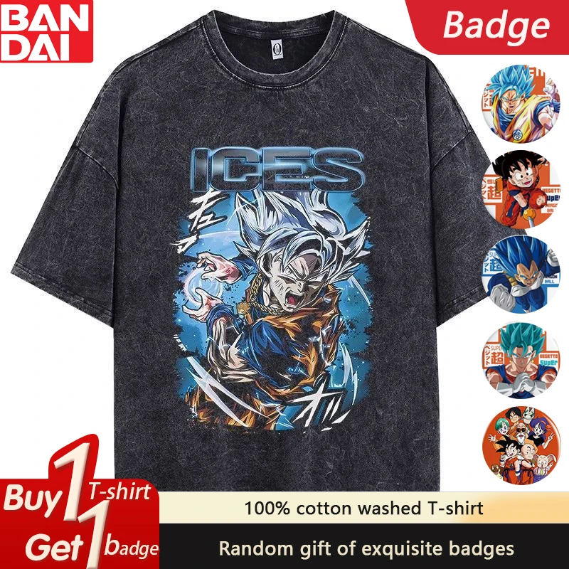 

DRAGON BALL Super Saiyan God Goku Tee Black Washed Vintage Top with Silver Hair & Blue Energy Ball ICES Print